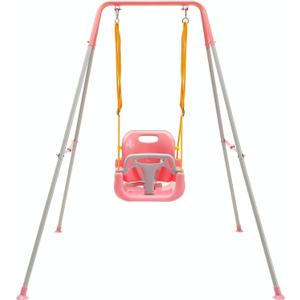 FUNLIO Toddler Swing with Foldable Metal Stand for Aged 1~10 Years, 3-in-1 Baby Swing Set with 4 Sandbags for Backyard, Kids Swing Set for Indoor/Outdoor Play, Easy to Assemble & Store, Pink