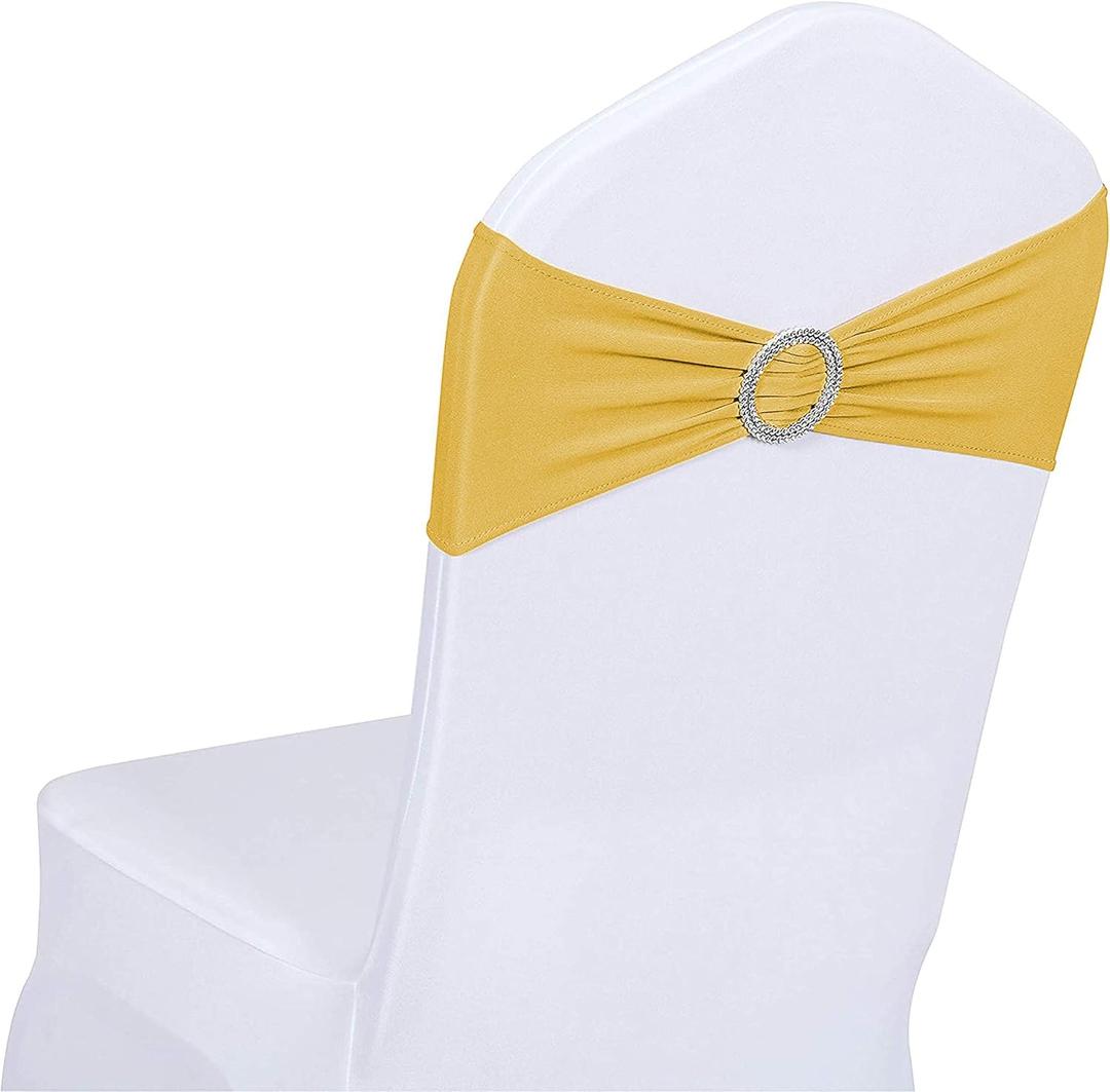 Obstal 50 PCS Spandex Stretch Chair Sashes Bows for Wedding Reception- Universal Elastic Chair Cover Bands with Buckle Slider for Banquet, Party, Hotel Event Decorations Gold Sashes