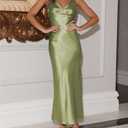 Womens Elegant Satin V Neck Backless Sleeveless Maxi Dress Silk Tie Low Back Formal Cocktail Dresses Wedding Guest (Green, S)