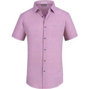 Mens Casual Button Down Shirts Wrinkle Free 4-Way Stretch Dress Shirs Short Sleeve Plaid Summer Shirts for Men (XX-Large, Red/White)