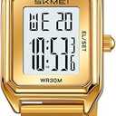 MASTOP Gold Digital Watch for Women Square Stainless Steel Waterproof LED Watch with Date, Alarm, Stopwatch, Countdown (Gold White)