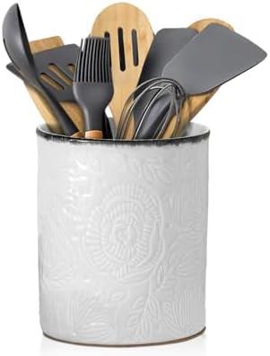 Comfify Large Ceramic Kitchen Utensil Holder with Vintage Farmhouse Floral Pattern – Elegant White Decorative Crock for Countertop Organization – Organizer for Tools, Spatulas, Spoons & More