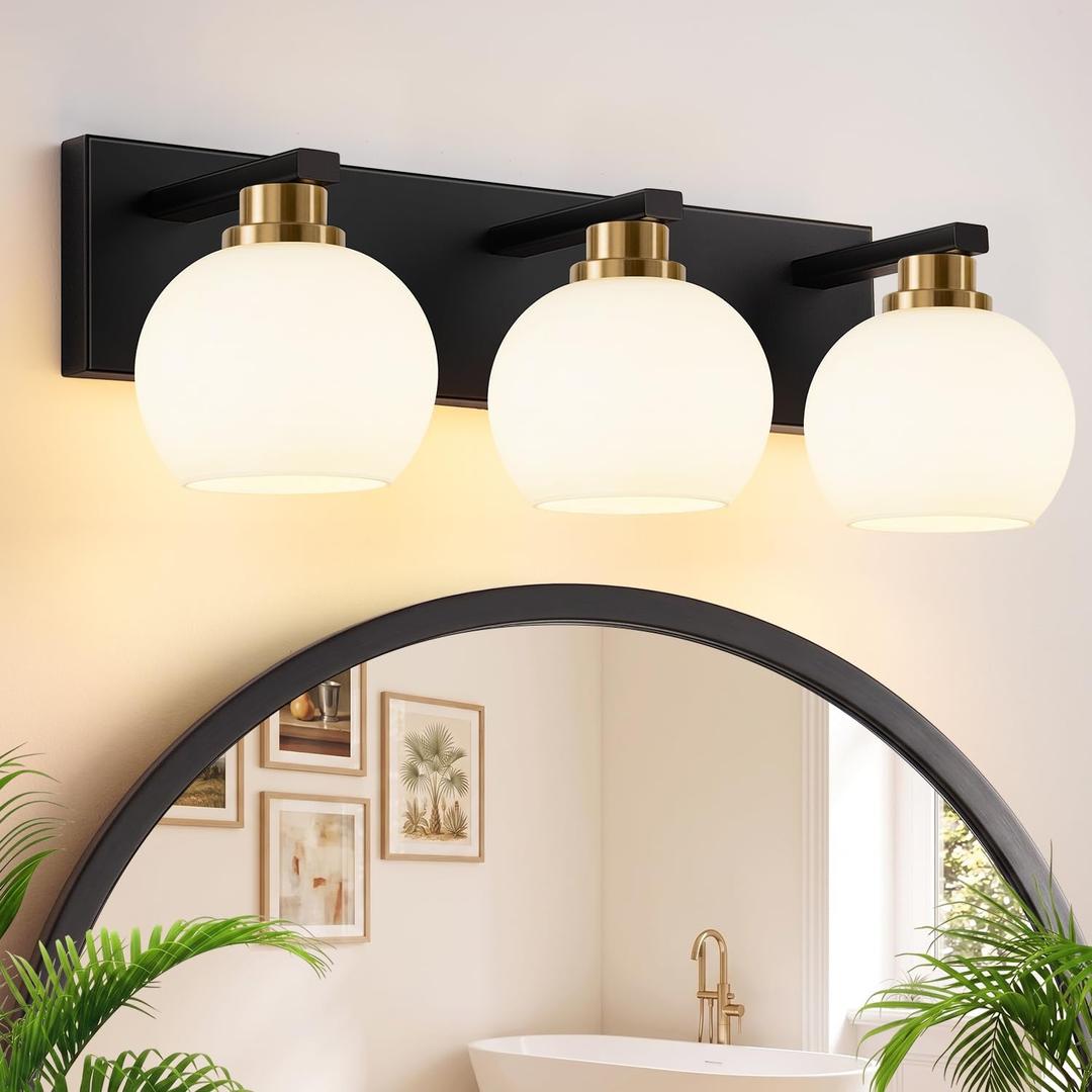 Bathroom Light Fixtures, 3-Light 22 Inch Black and Gold Bathroom Vanity Light, with Milk Glass Globe Shades, Eye-Friendly Vanity Lighting Fixtures Over Mirror, E26 Socket (Bulbs Not Included)
