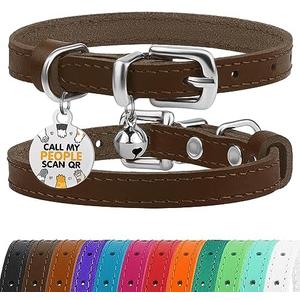 BRONZEDOG Leather Cat Collar with Removable Bells Non Breakaway Kitten QR Tag for Girl Boy (9" - 12" Cats/Mini Dogs, Brown & Silver) BRONZEDOG Leather Cat Collar with Removable Bells Non Breakaway Kitten QR Tag for Girl Boy (9" - 12" Cats/Mini Dogs, Brown & Silver)