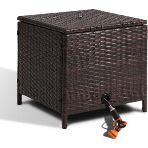 Decorative Garden Hose Storage Box with Lid, Weather Resistant Handwoven PE Rattan Water Hose Holder, Storage For Garden Tools, 200FT 5/8'' Hose Capacity