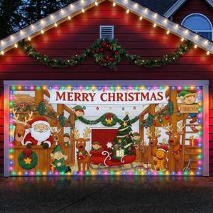 VitalCozy 6x13 ft LED Christmas Santa Claus Reindeer Barn Garage Door Cover Large Lighted Xmas Elk Garage Door Banner Backdrop Decor Outdoor Indoor Hanging Merry Christmas Holiday Party Mural Decor