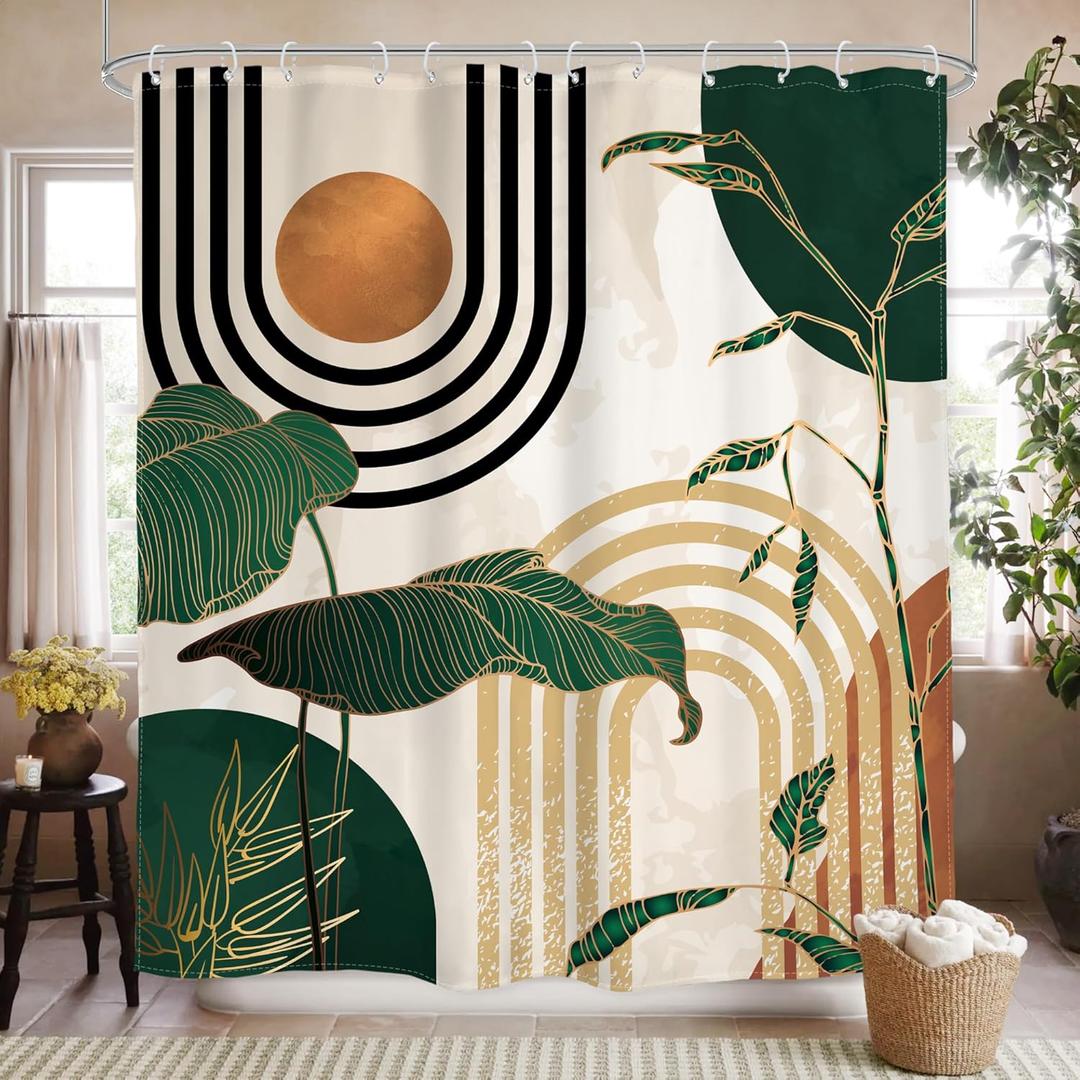 Glawry Green Boho Shower Curtain 60Wx72L Inches, Abstract Retro Mid Century Shower Curtains for Bathroom Decor,Minimalist Tropical Modern Shower Curtain Set Home Decor 12 Pack Hooks (60"W x 72"L (Pack of 1), A01-green Gold)