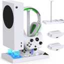 Cooling Fan with Charging Stand for Xbox Series S Console and Controller, Dual Charger Dock Accessories with 2 x 1400mAh Rechargeable Battery and Cover, Headphone Mount for Xbox Series S, White