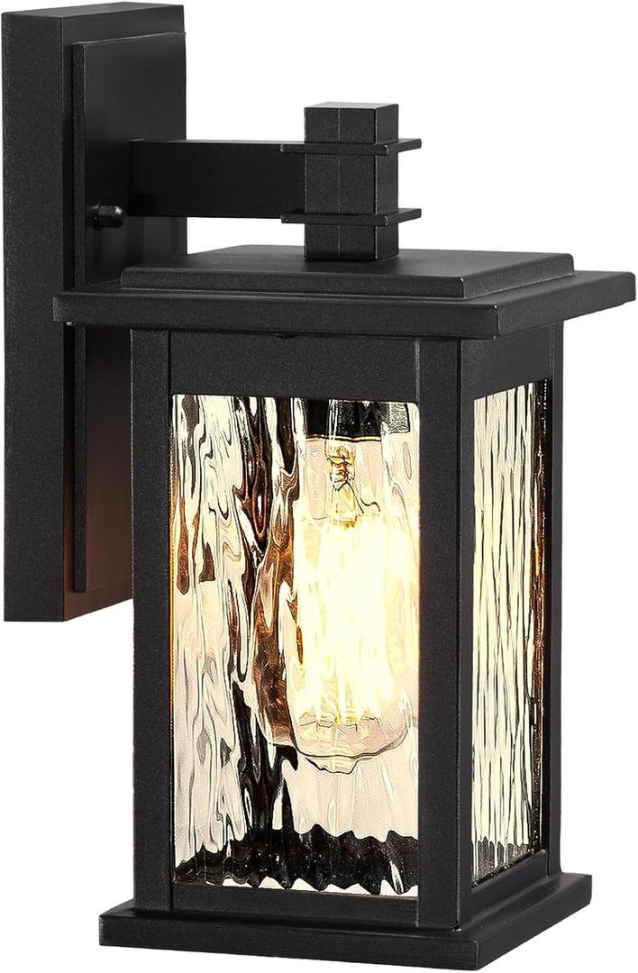 Outdoor Lights for House Black Porch Lights Outdoor Aluminum Waterproof Exterior Lighting Fixtures with Water Ripple Glass 14.5 Inch Height E26 Socket