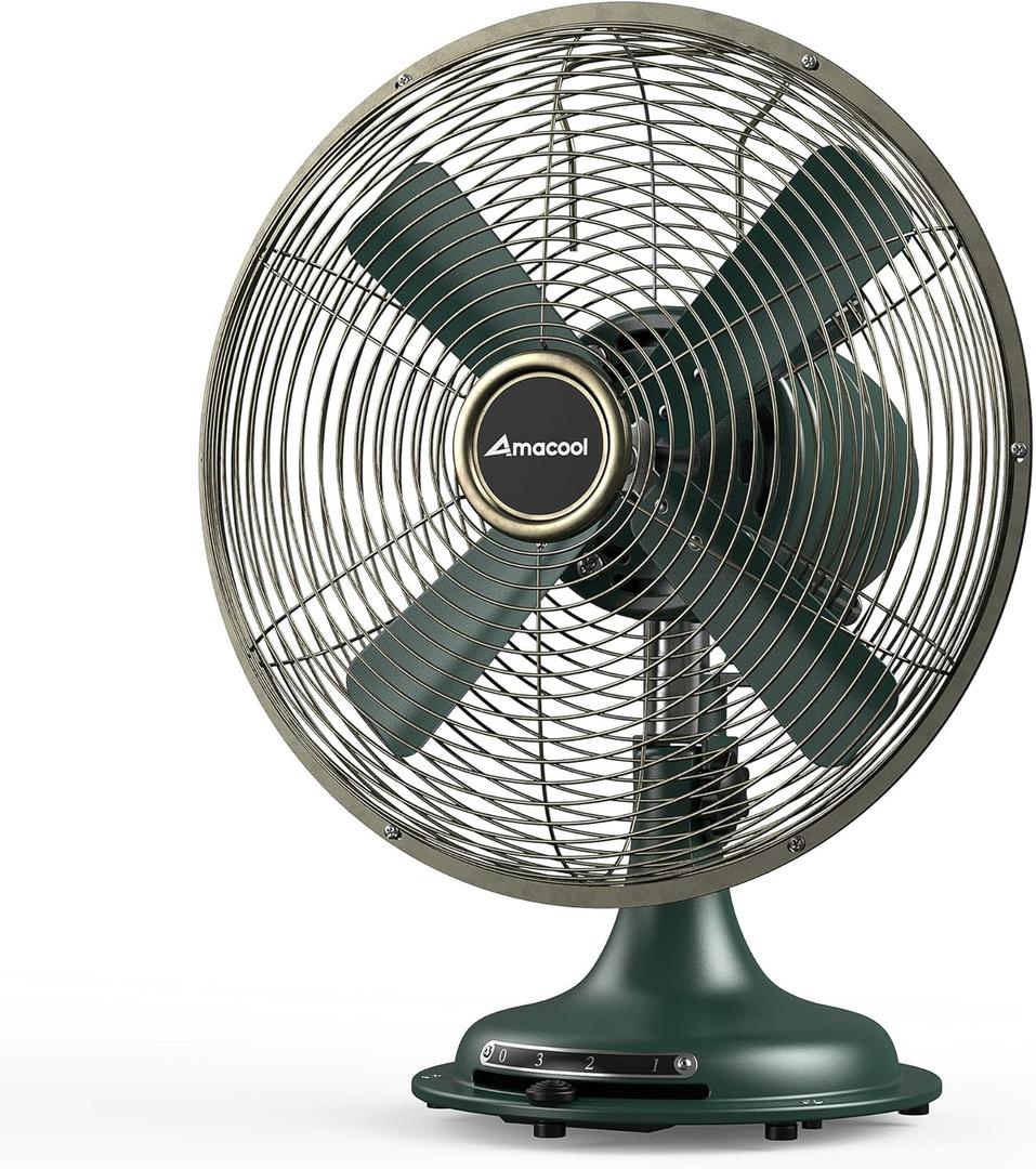 AMACOOL Oscillating Vintage Fan, All Metal Retro Table Top Fan, Adjustable Head Tilt, Quiet 3 Speeds Plug-In Desk Fan for Bedroom Home Office & Kitchen (Dark Green)