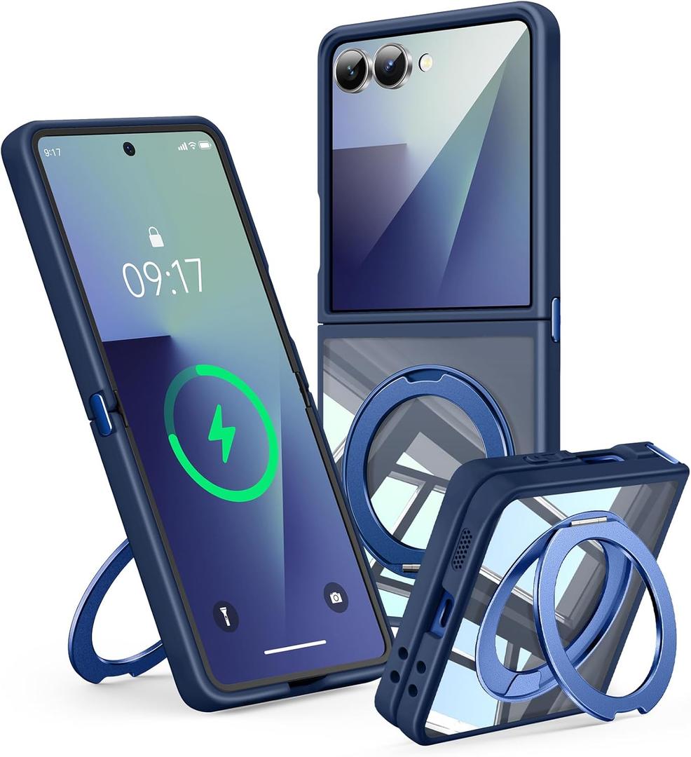 360 Magnetic Stand Case for Galaxy Z Flip 7 Fit for MagSafe & Pixelsnap Cover with Ring Holder Shockproof Protective Cell Phone Samsung Galaxy Z Flip 7 Case - Blue