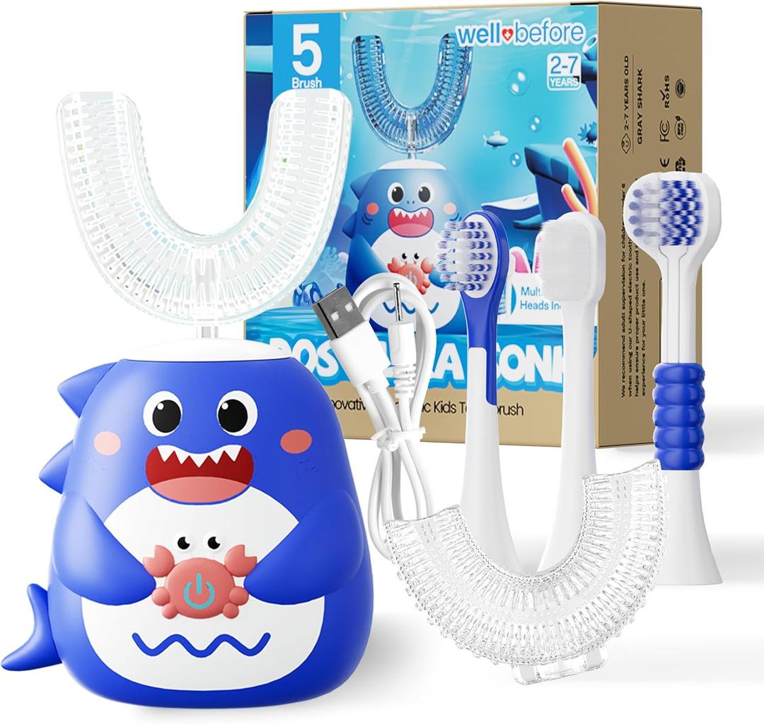 Well Before Kids U Shaped Electric Toothbrush with 5 Brush Heads, Ultrasonic, 5 Modes, IPX7 Waterproof Design (Shark, Blue Ages 2-7)