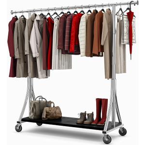 MAXLEAD Clothes Rack, Clothing Rack with Wood Shelves 500 LBS Heavy Duty Garment Rack for Hanging Clothes Portable Closet Sturdy Coat Rack for Bedroom, Living Room, Laundry, Balcony, Silver