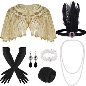 ELECLAND 10 Pieces 1920s Flapper Gatsby Accessories Set Fashion Roaring 20's Theme Set with Headband Headpiece for Women (Apricot Gold)