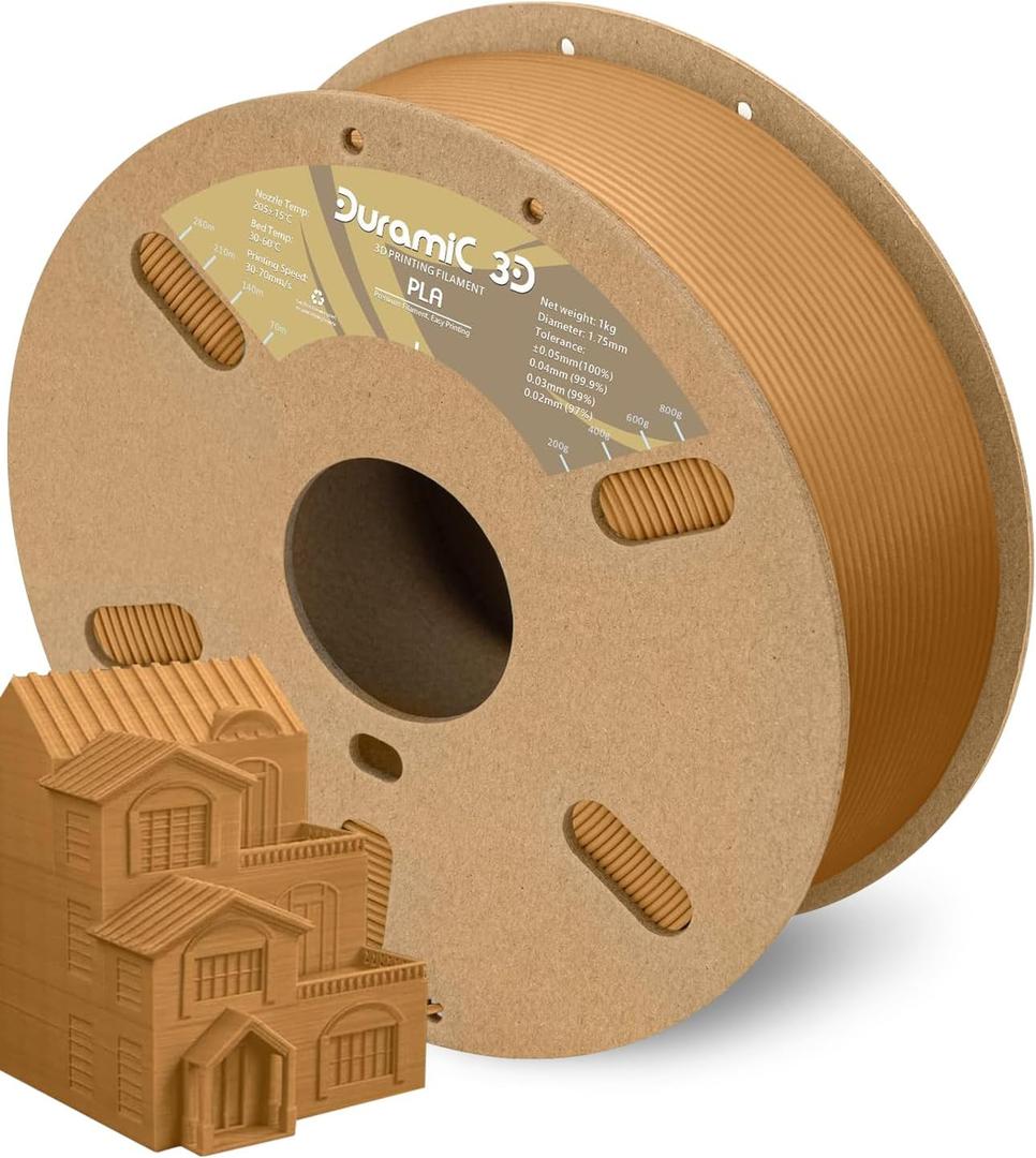 DURAMIC 3D PLA Filament 1.75mm 1kg Spool, Jam-Free High Stifness 3D Printing Filament with Cardboard Spool, No-Tangling No-Clogging Dimensional Accuracy 99% +/- 0.03 mm PLA Light Brown 1 Pack