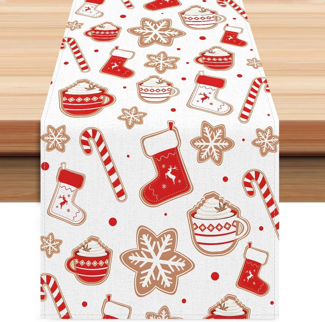 Christmas Table Runner Linen Winter Christmas Table Decorations Cartoon Candy Xmas Stocking and Snowflake Designs Holiday Table Runners Accessories for Home Party Decoration 72x13 Inch183x33cm