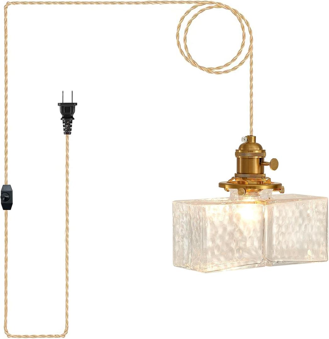 Plug in Pendant Light for Ceiling, 7.09 Inch Vintage Light Fixtures Clear Glass Lampshade 14Ft Hanging Lights with Plug in Cord On/Off Switches Industrial Pendant Lights for Bedroom Living Room