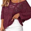 Saodimallsu Womens Crochet Cover Up Top Summer 3/4 Sleeve Off Shoulder Sweater Shirts Mesh Boho Beach Swimsuit Coverup (Red, L)