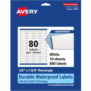 Avery Printable Durable White Rectangle Labels, Sure Feed Technology, 0.5" x 1.75", Waterproof Labels, Laser & Pigment-Based Inkjet Compatible, 800 Total