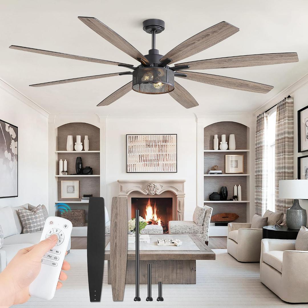 Fanbulous Farmhouse Ceiling Fans with Lights and Remote, 72 Inch Grey Industrial Caged Ceiling Fans for Bedroom Living Room Kitchen, 6 Speed Reversible Quiet DC Motor, Dual Finish 8 Blades