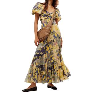 ABYOVRT Women Floral Maxi Dress Short Puff Sleeve V Neck Bohemian Flowy Dress Smocked Casual Spring Summer Dresses (Large, Beige)