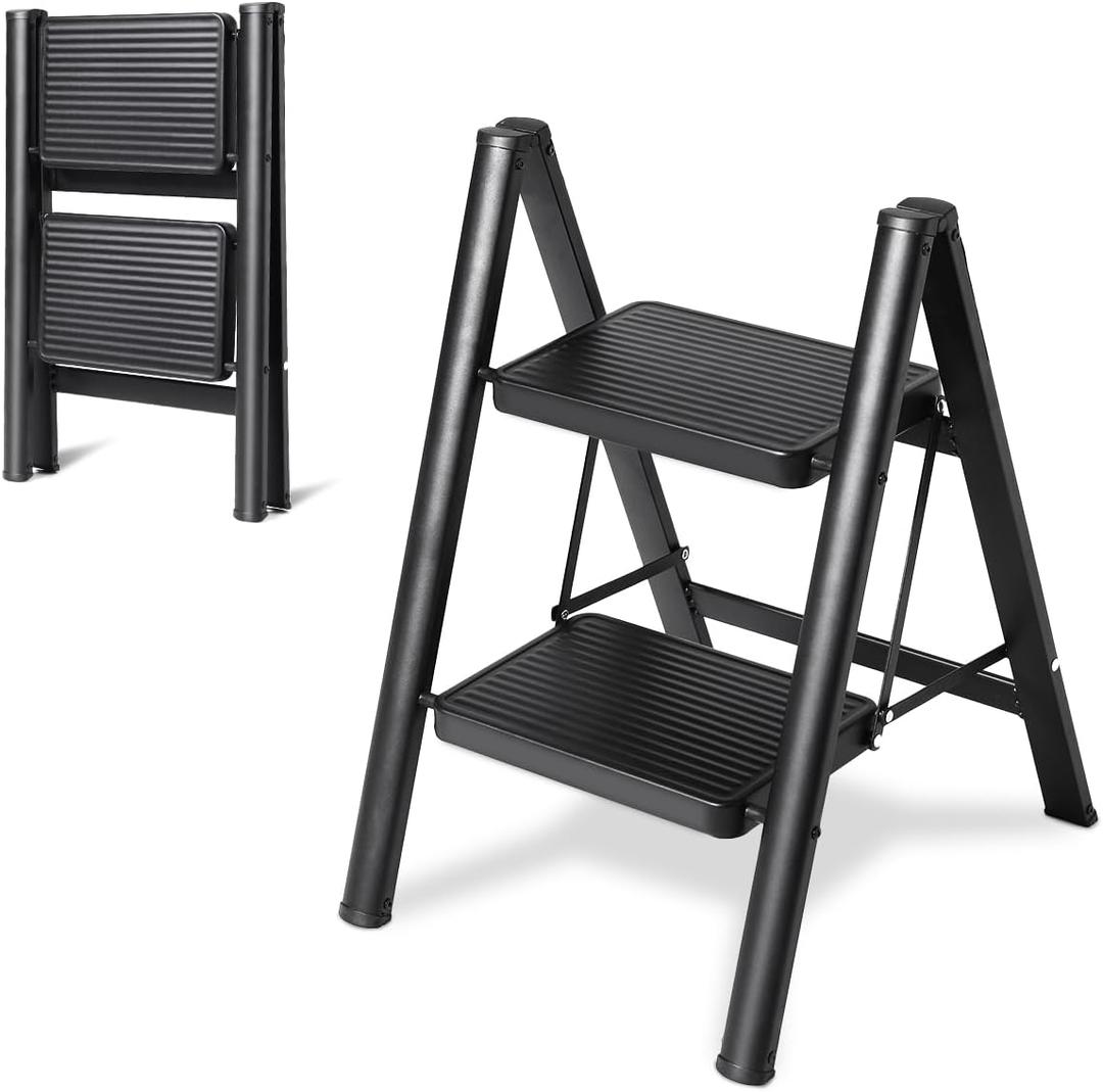 2 Step Ladder Folding Step Stool, Heavy Duty 330 Lbs Load Stepladder, Small Kitchen/Closet Ladder for Adults/Kids, Lightweight Step Ladder 2 Step Folding with Anti-Slip Wide Pedal for Home by OOSOFITT (Black)