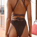 ZAFUL Women's One Piece Swimsuit Deep V Neck Ribbed Self Tie Sexy High Cut Bathing Suit Crisscross Back Swimwear (Brown, L)