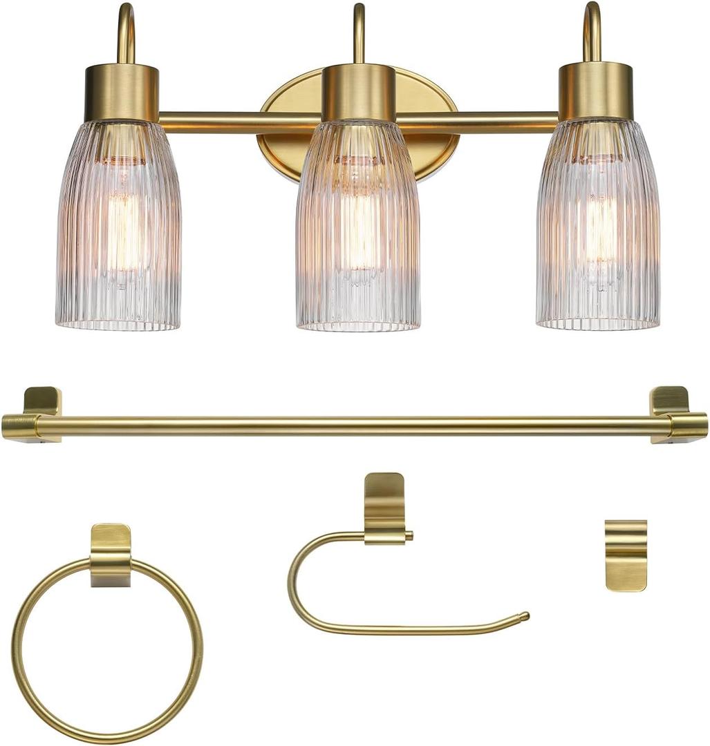 Globe Electric 63000208 5-Piece All-in-One Bathroom Accessory Set with 19" 3-Light Vanity Light, Matte Brass, Ribbed Glass Shades, Towel Bar, Robe Hook, Toilet Paper Holder, Towel Ring, Powder Room