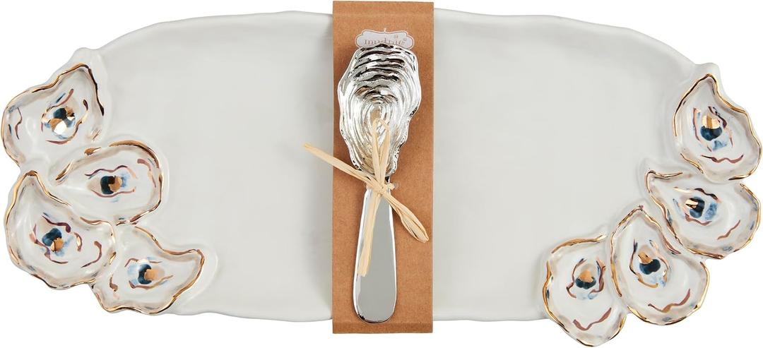 Mud Pie Layered Oyster Hostess Set; tray 6" x 14 1/2" | spreader 5 1/2"