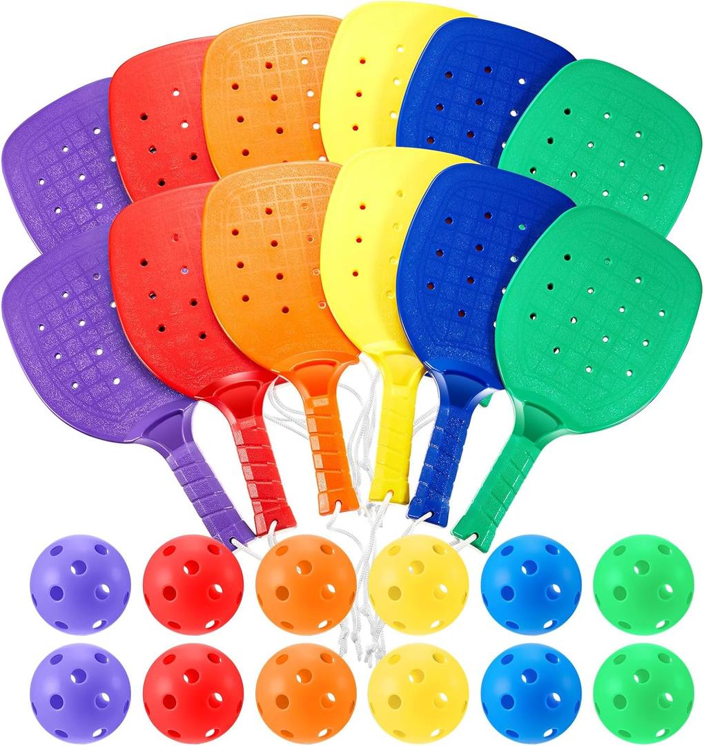 Plastic Paddleball Racket with Balls PE Equipment for Elementary School 15.2 x 7.5 Inches Paddle Ball Racket with Lanyard Physical Education Classes Equipment 6 Colors