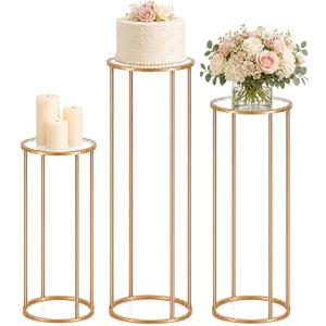 Cylinder Stands for Party, 3PCS Gold Metal Cylinder Pedestal Stands for Display, Heavy Duty Round Cake Stand Tables for Wedding, Birthday, Baby Shower, Dessert Table & Backdrop Decorations