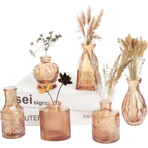 Petal Petite Glass Vase Set of 6 Small Amber Glass Bud Vases, Mini Vintage Flower Vases for Wedding Centerpieces & Table Décor, Champagne Vases in Bulk for Single Stem, Home and Office Decor