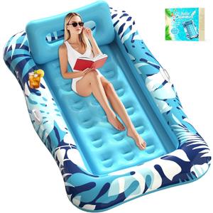 Pool Floats Adult, 76" x 48" XL Inflatable Tanning Pool Lounger Float with Pillow, 4 in 1 Suntan Tub Sunbathing Raft Floatie Water-Filled Mattress Kids Pool Ball Pit, Perfect for Lake River Party & Relax (Blue)