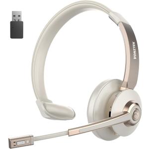 Wireless Headset, Bluetooth Headphones with Microphone Noise Canceling & USB Dongle, Singler-Ear Bluetooth Headset with Mic Mute for Cell Phone Computer Work Office Meetings Trucker Teams Skype Call (Champagne Gold & White)