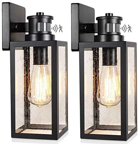 2-Pack Motion Sensor Outdoor Wall Lights, Upgraded Dusk to Dawn Exterior Wall Sconces Lanterns with Seeded Glass, Porch Light Fixtures Outside Lights for House Front Door Entryway Garage, Black