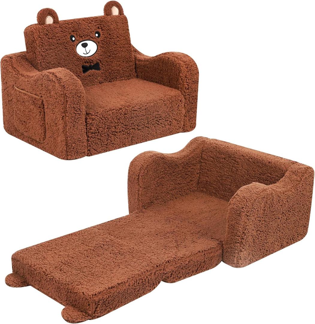 Kids Sofa, 2-in-1 Flip-Out Foam Couch, Soft Play Lounge Chair for Toddlers and Children, Brown