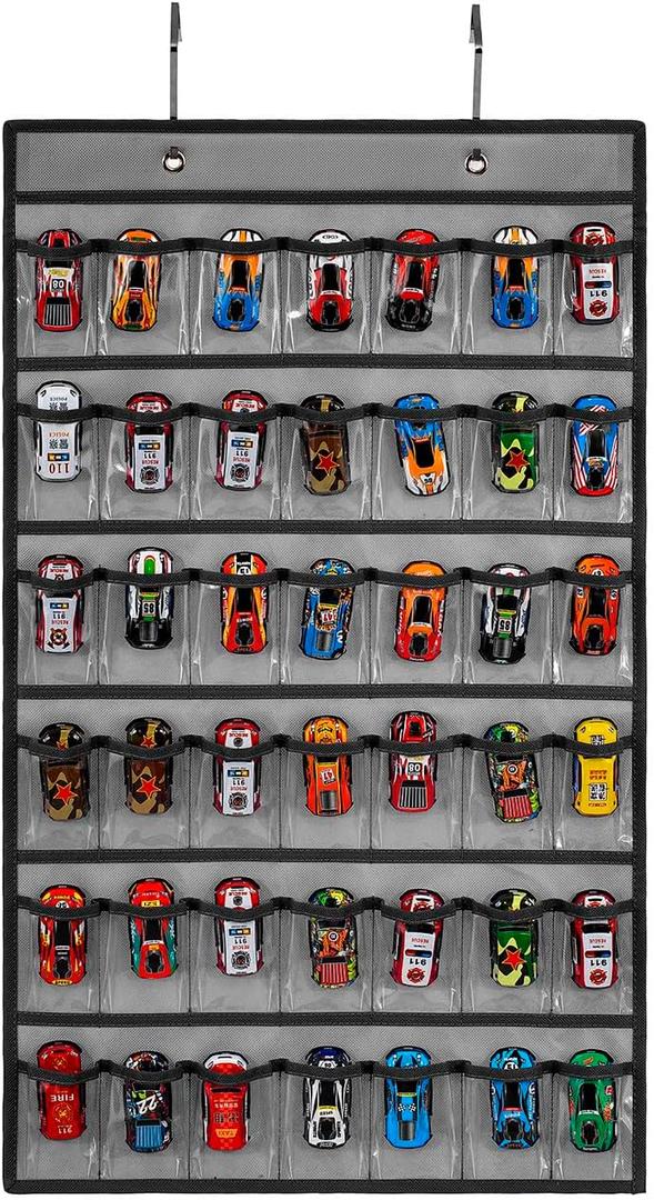 Toy Car Storage Organizer Hanging Toy Wheels Cars Holder Matchbox Cars Display Case with 42 Clear Pockets (One Side-Grey)