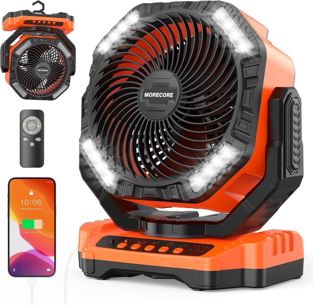 MORECORE 68HRS Running Camping Fan with Light, 20000mAh Battery Rechargeable, Powerful 4 Speeds & Auto Oscillating, with Timer & Hook, for Travel Tent RV Emergency Hurricane Jobsite Garage-Orange