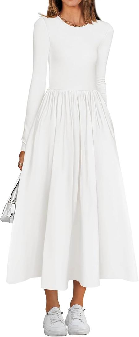 BTFBM Casual Long Sleeve Dresses Spring Dresses 2025 Wedding Guest Dress Midi Dress Flowy Bohemian Long Dress (Medium, White)
