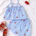 Toddler Girl's 2 Piece Cute Summer Outfits Plaid Cherry Camisole Top and Shorts Vacation Matching Set (4T, Light Blue)