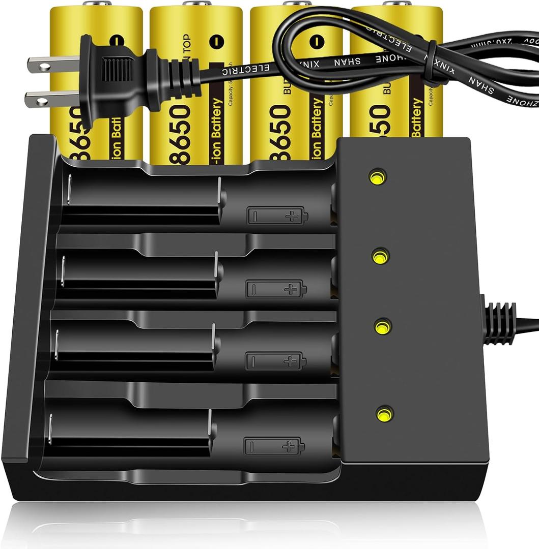 4 Pack 3.7 Volt Button Top Rechargeable Batteries and 18650 Battery Charger,Lithium Battery 4000mAh for Flashlights, Headlamps, Doorbells, RC Cars,Outdoor Garden LightsBattery and Charger