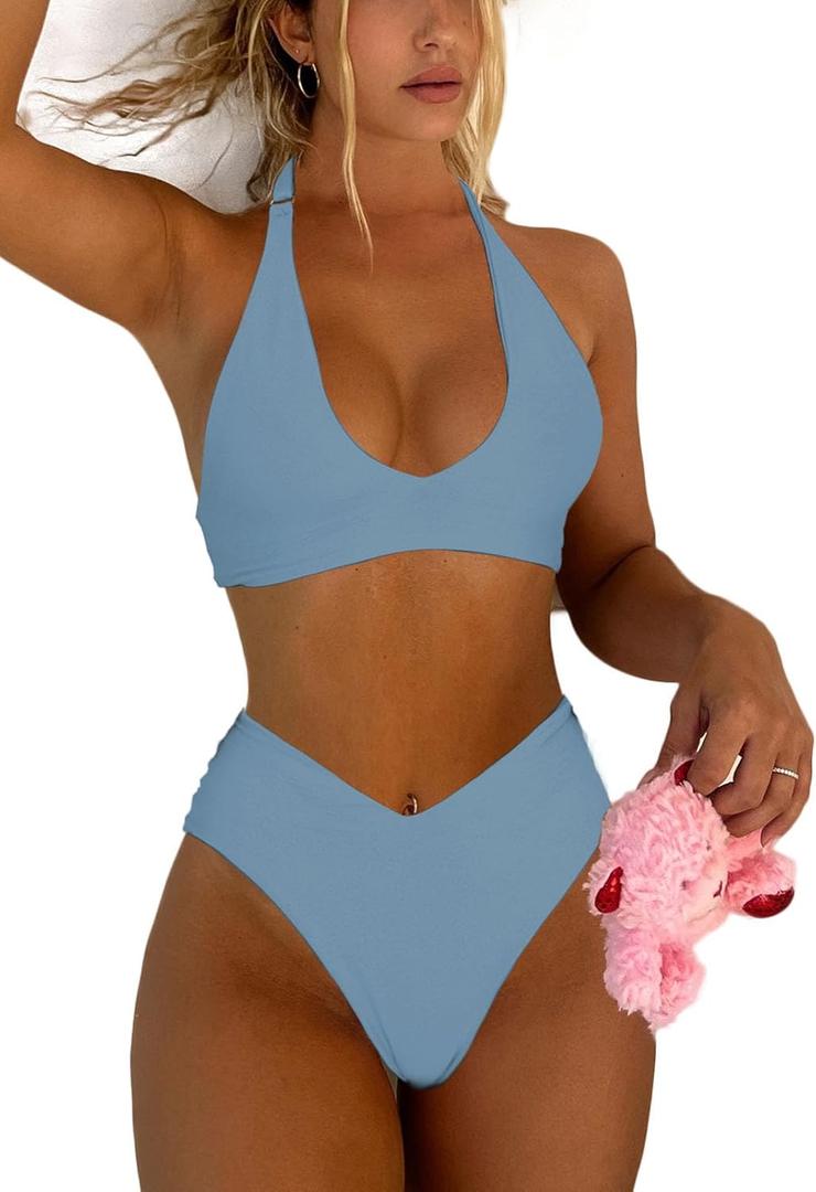 Women's Sexy High Leg Triangle Halter Bikini Set Padded Cup Bikini Cheeky Swimsuit V Cut Thong Bathing Suit (Haze Blue, Small)
