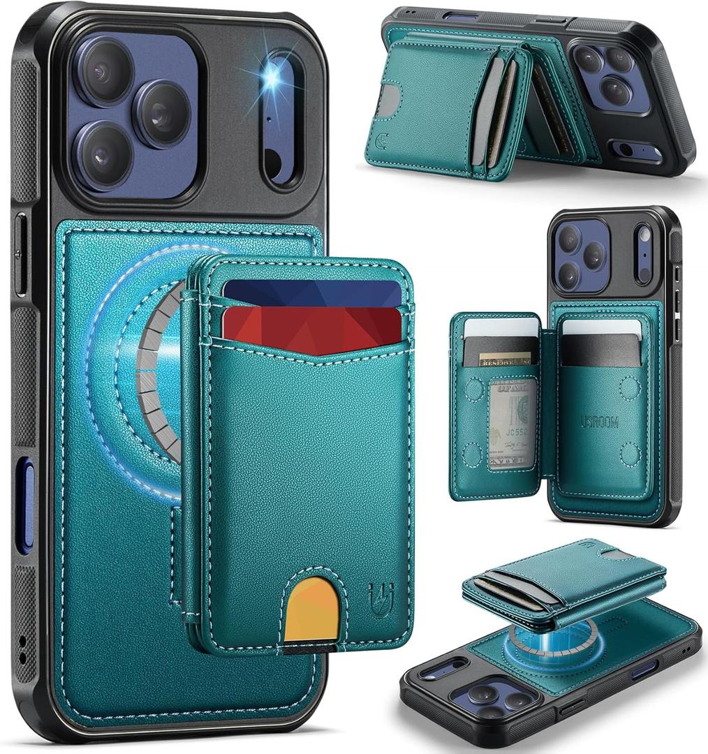 for iPhone 17 Pro Max Wallet Case Compatible with Magsafe, Magnetic RFID Blocking Card Holder Kickstand 2 in 1 Detachable Case for iPhone 17 Pro Max 6.9", Bluish Green
