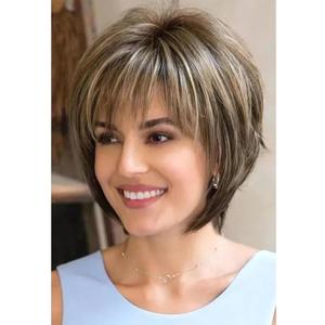 Aisaide Pixie Cut Bob Wig Dark Brown Mixed Highlight Ash Blonde Straight Wigs for Women Short Layered Synthetic Medium Length Wig With Bangs