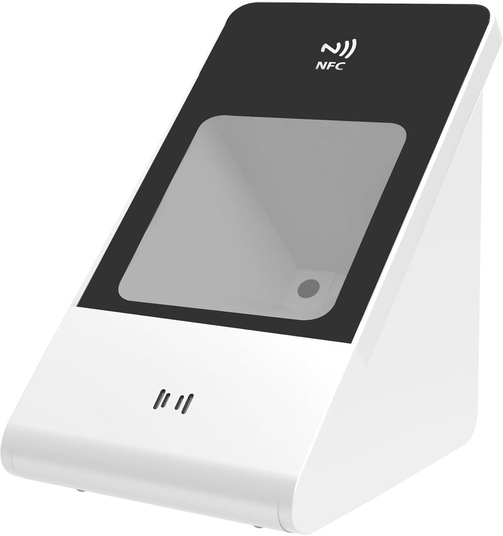 Alacrity QR 2D/1D Desktop Barcode Scanner with NFC Reader, Capture Barcodes from Mobile Screens for Payment Systems, White