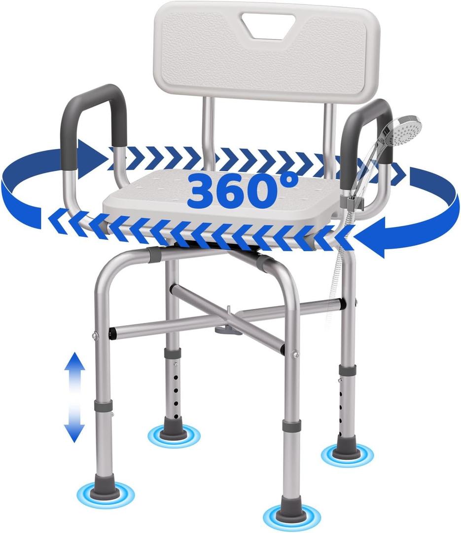 360 Swivel Shower Chair for Inside Shower,500lbs Swivel Shower Chair with Arms andBack, Adjustable Height Shower Chair forElderly and Disabled with Stable Non-SlipDesign Bathroom Tub Stool