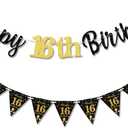 16th Birthday Decorations Banner Boys Girls, Black Gold Happy 16thBirthday Banners for Girls Boys (Birthday 16th)