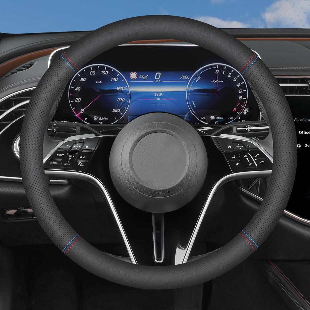 XHRING Car Steering Wheel Cover for Mercedes Benz GLC GLC300 C C300 E E350 A B 250 300 GLA GLA250 GLB GLB250 GLE 350 450 GLK GLS CLA GL CLS S SLC Sprinter Class AMG EQB EQE Accessories, Leather Color