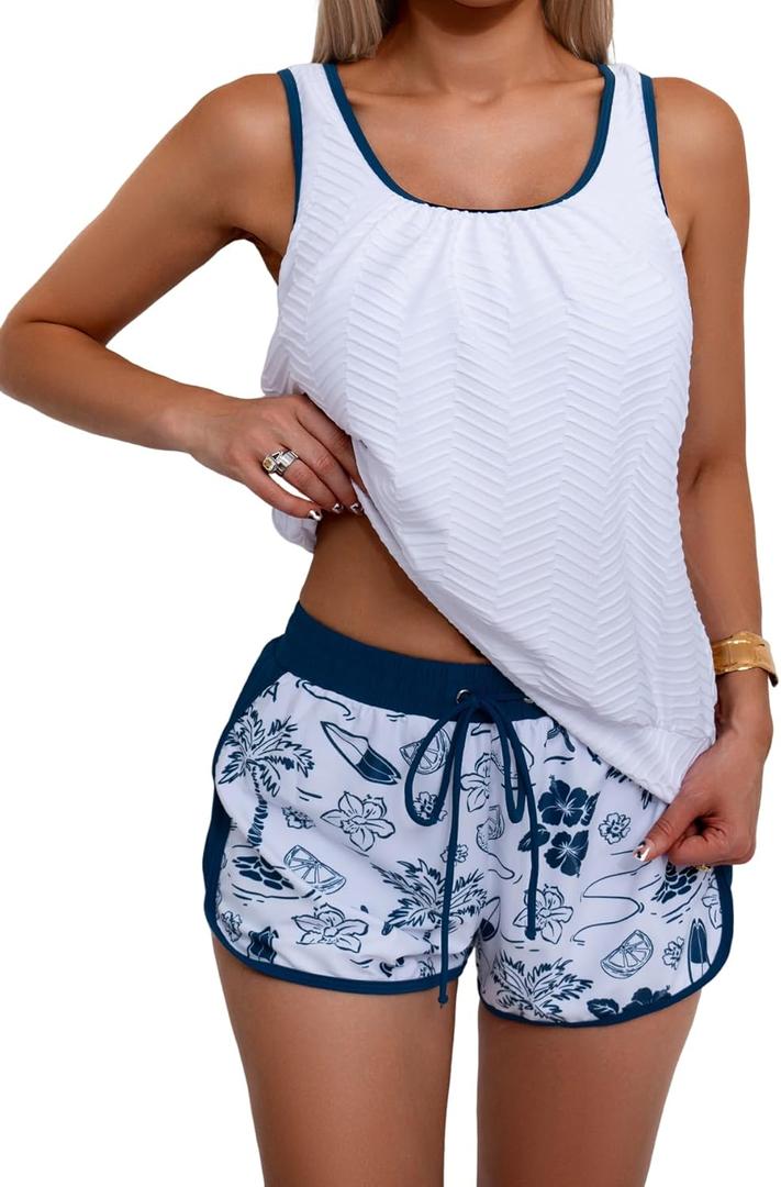 Aidonger Women's Tankini Swimsuit Modest Two Piece Bathing Suit Tummy Control Athletic Blouson Tank Top with Short Bottoms, Small