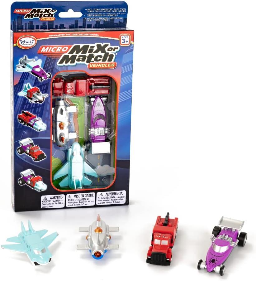 POPULAR PLAYTHINGS Magnetic Vehicles for Toddlers 1-3, Mini Mix or Match Car Toys, Set of 4 Gift for Kids - Cars, Fire Truck & Airplane.